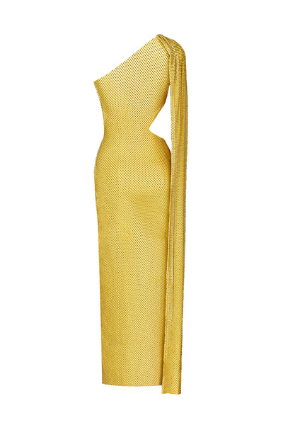 TARA COŞKUNTUNCEL Tek Omuz Cut Out Yırtmaç Detaylı Pelerinli Uzun Taşlı Abiye Elbise