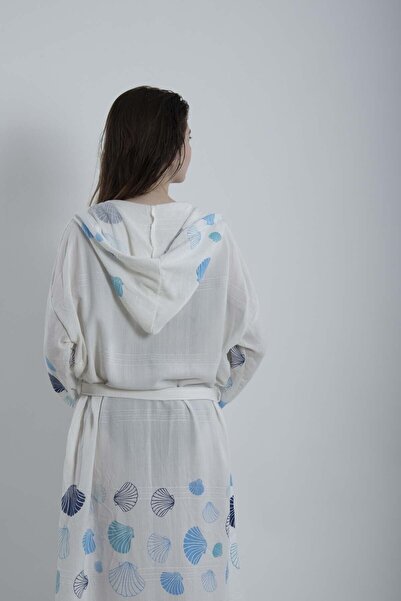 REİNA TEKS Hooded Long Pareo Belted Beachwear Peshtemal Seashell Patterned Beach Bathrobe 1 Piece