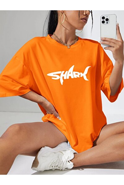 MEİLİFENG Tricou oversize din bumbac cu imprimeu rechin unisex - decolteu