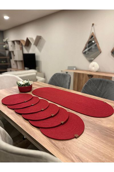 Türkmen Ev Tekstil American Service - Jute, Wicker Color 6Supla Runner, Bread Basket and Plate Base Supla Set