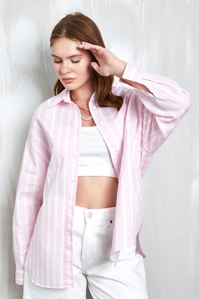 minaaise Cămașă oversize din bumbac cu dungi roz-albe 27371