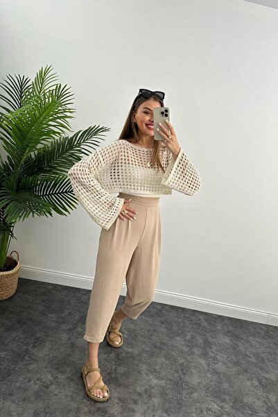 Meyga Butik Summer Openwork Short Knitwear Stone Color