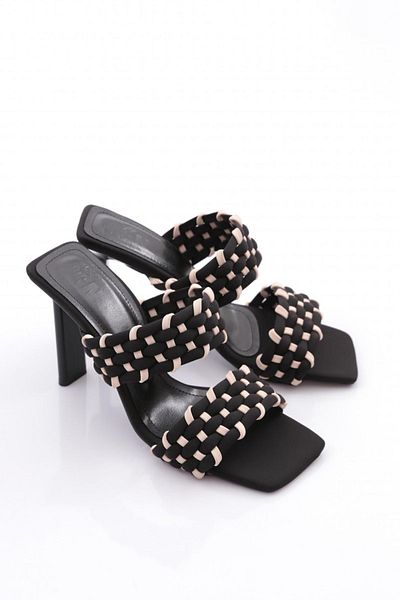 DGN C5215 Papuci cu toc pentru femei cu dungi duble, nubuc negru, multi
