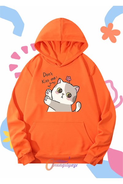 oneagılyazı Children's Unisex Don'T Kiss Me Cat Printed Oversize Hooded Sweat...