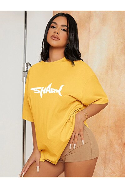 MEİLİFENG Tricou oversize din bumbac cu imprimeu rechin unisex - decolteu