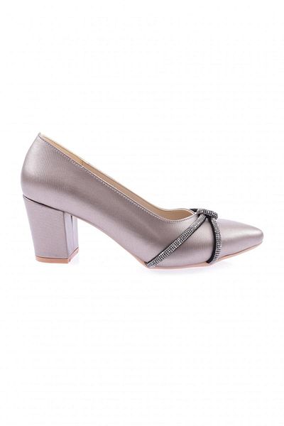 DGN Pantofi cu toc scurt pentru femei, cu vârf ascuțit, argintiu, cu cataramă, cu frânghie, cu laser platină 217362328