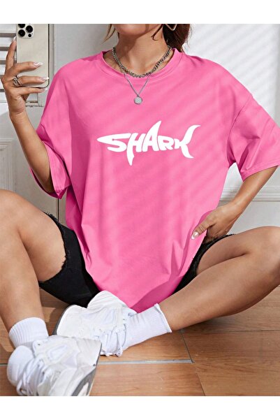 MEİLİFENG Tricou oversize din bumbac cu imprimeu rechin unisex - decolteu
