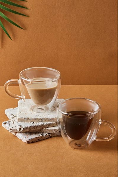 HOMENIVA 2 Pieces Heart-shaped Double Walled Mug Glass with Handle 250 ML