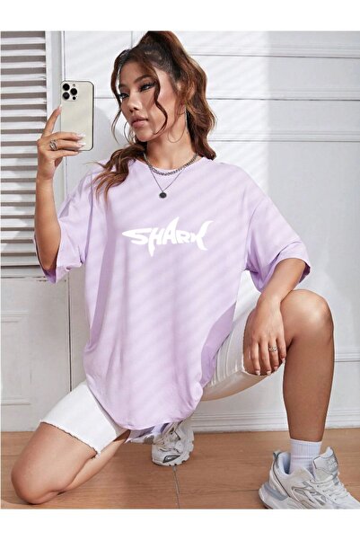 MEİLİFENG Tricou oversize din bumbac cu imprimeu rechin unisex - decolteu