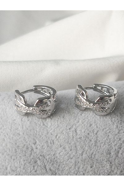 Siya Silver Minimal X Model Silver Color Jewelled Steel Hoop Earrings