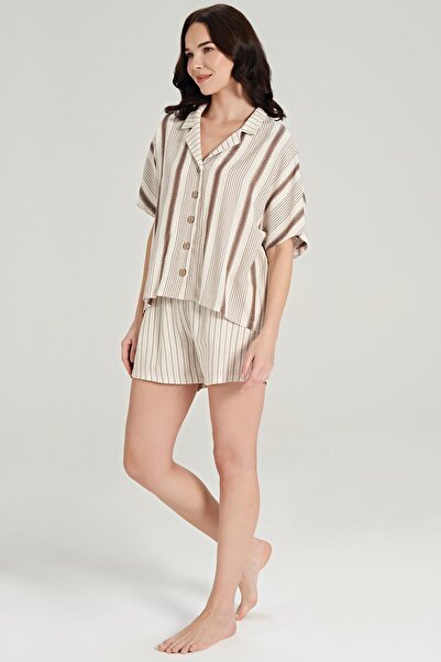 Feyza Linen Brown Shorts Set - Women's, Short Sleeve, Button Front C0T3N0O5