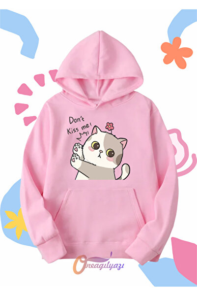 oneagılyazı Don't Kiss Kedi Baskılı Oversize Kapüşönlü Sweatshirt