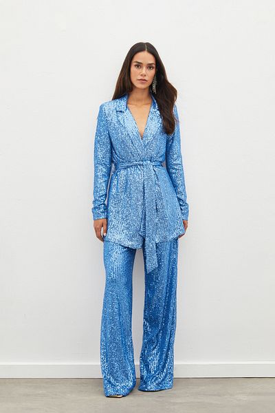 Sateen Indigo Belted Sequin Trousers