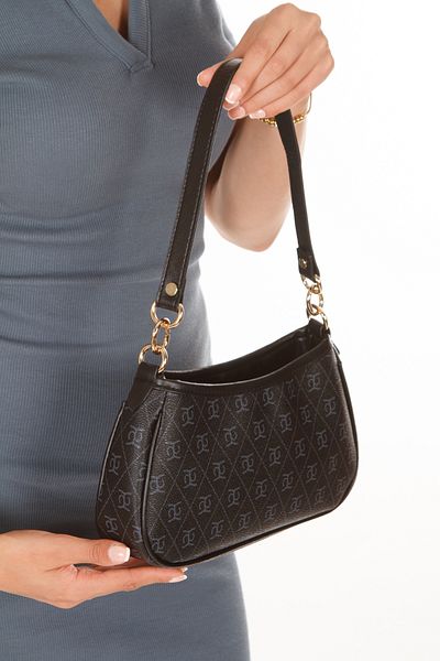 Newish Polo Women's Black Elegant Design Patterned Faux Leather Baguette Women's Hand and Shoulder Bag