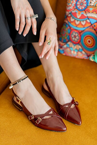 DİVOLYA Claret Red Patent Leather Pointed Toe 2 cm Heeled Shoes - Pably