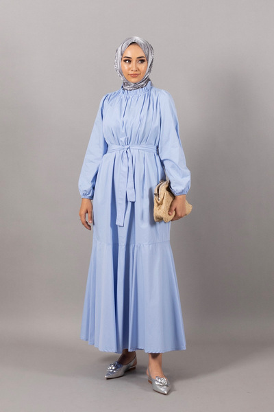 Stilife Layla Kuşaklı Elbise Mavi