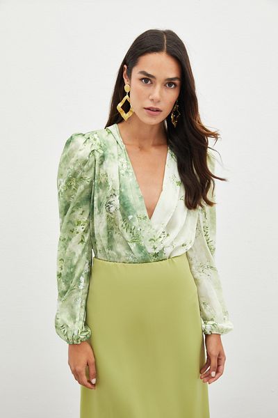 Sateen Bluză body cu imprimeu floral - VERDE