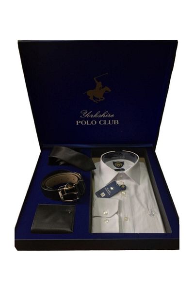 Yorkshire Polo Club Men's White Shirt Belt Wallet Tie Dowry Set Suit