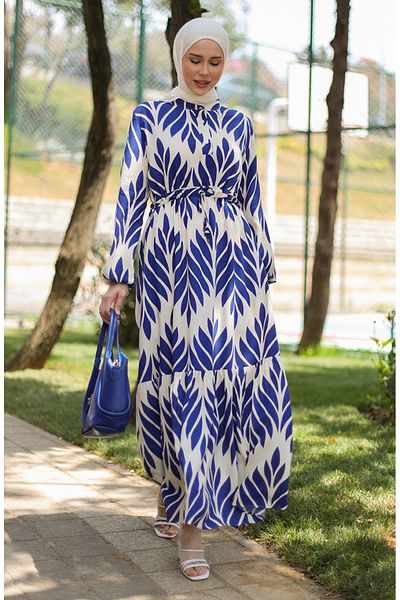 sefamerve Indigo Viscose Brush Patterned Drawstring Dress - 81869-04