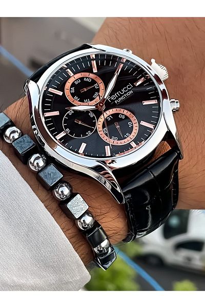 Ferrucci Men's Wristwatch - All Functions Active, Steel Case and Cord Bracelet Gift