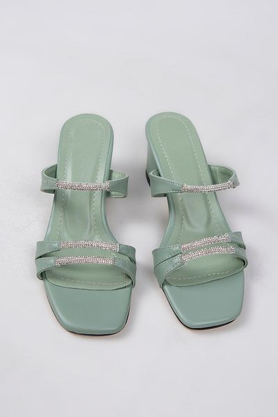 siya Nisa Stoned Banded Mint Green Women's Heeled Slippers