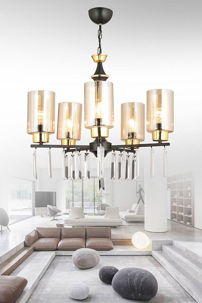 SONSUZ AYDINLATMA&AVİZE Mevlana 5-Piece Black Cylinder Glass Luxury Upward Facing Crystal Stone Chandelier