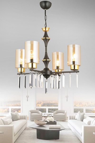 SONSUZ AYDINLATMA&AVİZE Mevlana 4-Piece Black Cylinder Glass Luxury Upward Facing Crystal Stone Chandelier