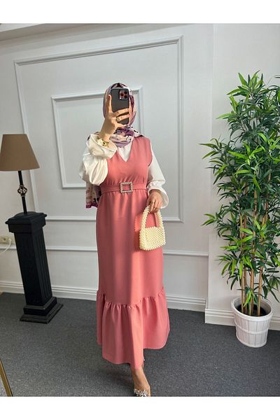 Nisa Nalbantoğlu Ροζ ροζ κρεπ Hijab Gilet