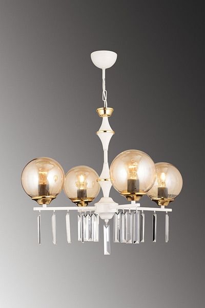 SONSUZ AYDINLATMA&AVİZE Mevlana White 4-Piece Honey Globe Glass Luxury Upward Facing Crystal Stone Chandelier