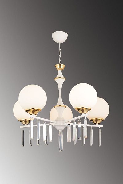 SONSUZ AYDINLATMA&AVİZE Mevlana White 5-Piece White Globe Glass Luxury Upward Facing Crystal Stone Chandelier