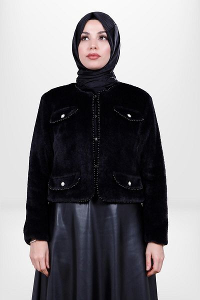 Beyza Μαύρο μαργαριτάρι λεπτομερές γούνινο παλτό με τσέπες - 4092