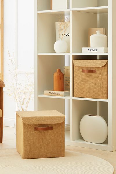 Ocean Home Textile 2 Pieces Jute Lidded In-Cabinet Laundry Toy Organizer Folding Storage Box Organizer 30x30x30