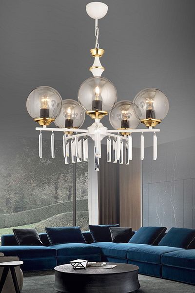 SONSUZ AYDINLATMA&AVİZE Mevlana White 5-Piece Smoked Glass Luxury Upward Facing Crystal Stone Chandelier