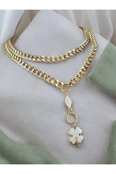 YUFAN ALTIN KAPLAMA 2 SIRA KALIN ZİNCİRLİ SERAMİK BEYAZ YONCA KOLYE