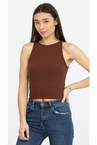Kallisto Brown Ribbed Halter Collar Knitted Crop Tank Top