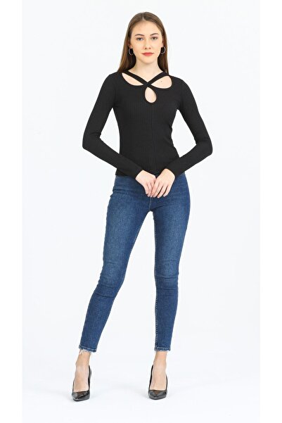 Kallisto Bluză neagră cu mânecă lungă, cu detaliu de tăiere în picături