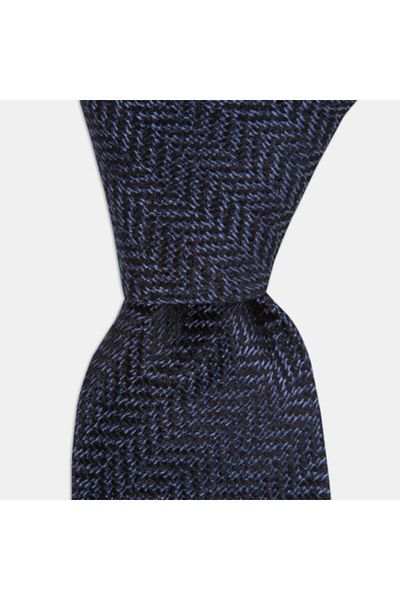 1001 Kravat Navy Blue Herringbone Patterned 8 cm Wide Wool Silk Blended Tie