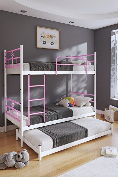 FANO Koza Yavrulu Ranza 90x190 Yatak Uyumlu 3 Kişilik Açık Pembe Metal Ranza Karyola