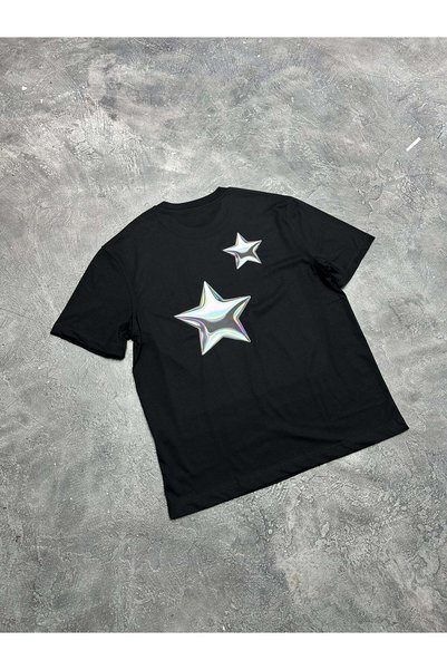 More Black Unisex Stars Printed Oversize T-Shirt