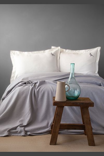 Apricitas HOME Double Naturals Pure Gray Pique Set - Bird Embroidered