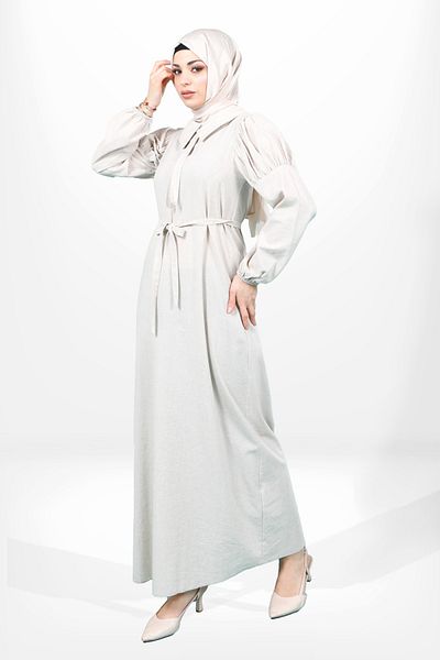 SheFa Μπεζ λινό φόρεμα Hijab - Μανίκι βολάν και ζώνη 5606