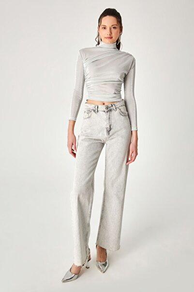 Kallisto Gray Glitter Stand Collar Draped Long Sleeve Blouse