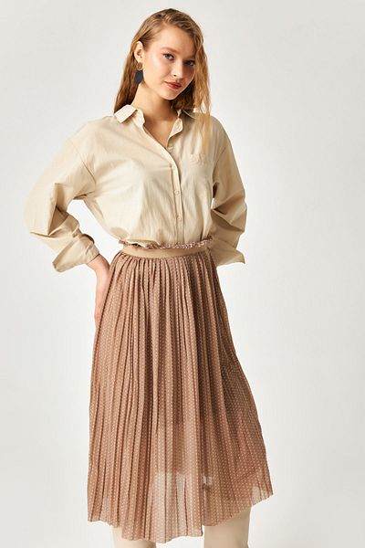 Kallisto Beige Polka Dot Pattern Pleated Elastic Waist Lined Midi Skirt