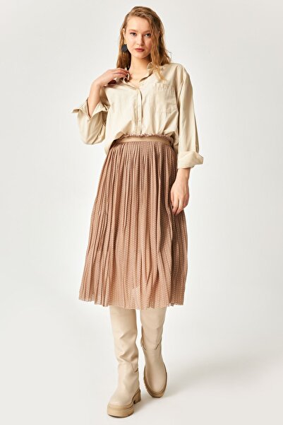 Kallisto Bej Puantiye Desen Piliseli Beli Lastikli Astarlı Midi Boy Etek