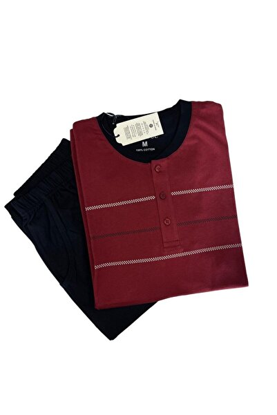 bie's Ανδρικές πιτζάμες μπορντό ριγέ - 100% βαμβάκι, κοντό μανίκι, με τσέπες