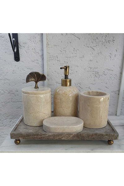 Sümeyra Marble Art Beige Marble Bathroom Set - Old FlowerGoldDetailed, Rectangular Tray - 5 Pieces
