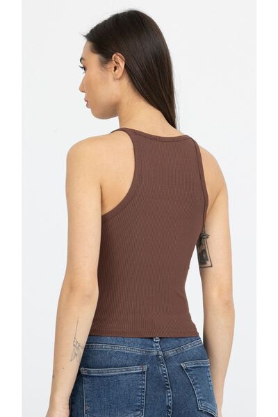 Kallisto Brown Ribbed Halter Collar Knitted Crop Tank Top