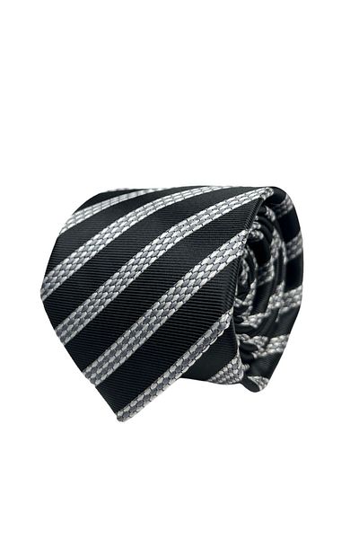 1001 Kravat Black and White Striped 8 cm Wide Tie