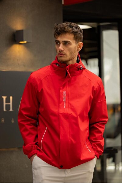 Decas Yeast Red Water Resistant Hooded Zippered Raincoat