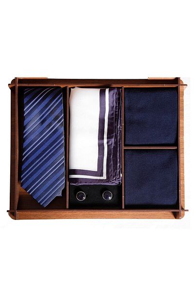1001 Kravat Silk Tie and Silk Handkerchief Metal Cufflink - Bamboo Socks Gift Set with Wooden Box